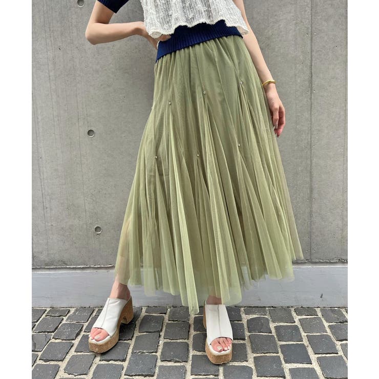 カーキ | ポイントラインストーンチュールスカート | Jewelobe