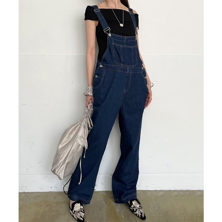 ネイビー | ワイドストレートデニムオーバーオール | Jewelobe