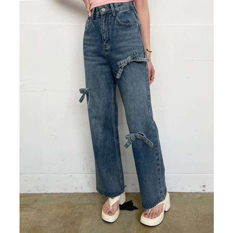 ブルー | 3リボンワイドデニムパンツ | Jewelobe