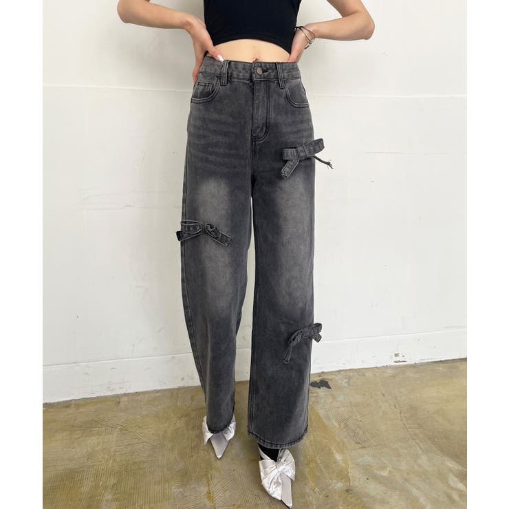 ブラック | 3リボンワイドデニムパンツ | Jewelobe