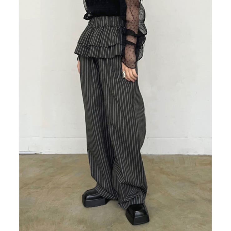 グレー | ダブルペプラムストライプワイドスラックス | Jewelobe