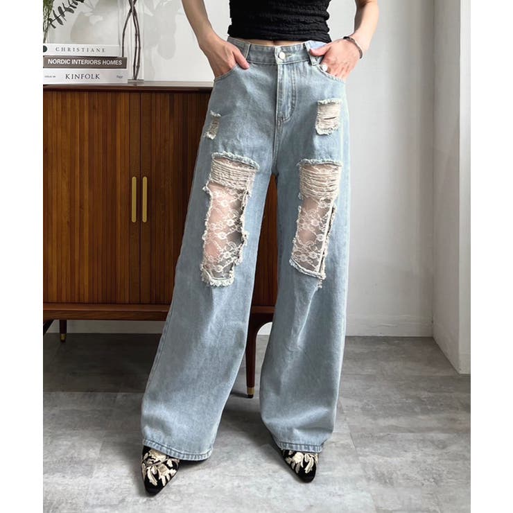 レースカバードダメージワイドデニムパンツ | Jewelobe | 詳細画像1 