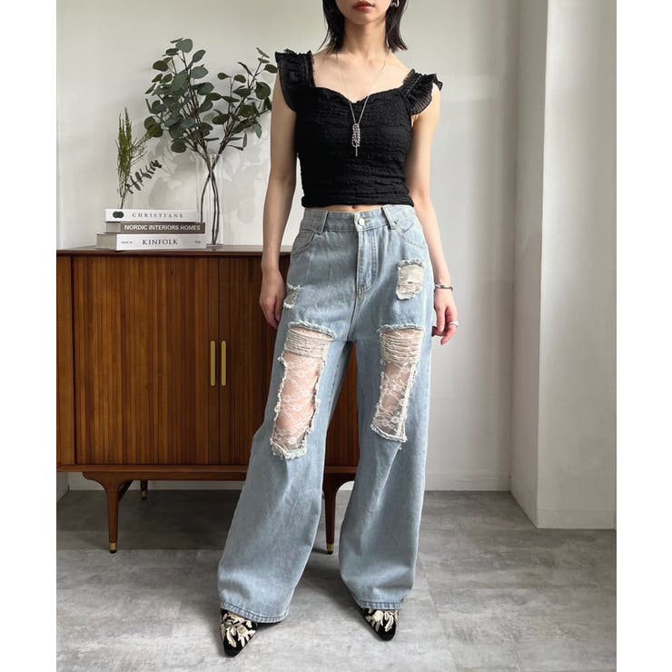 レースカバードダメージワイドデニムパンツ | Jewelobe | 詳細画像13 