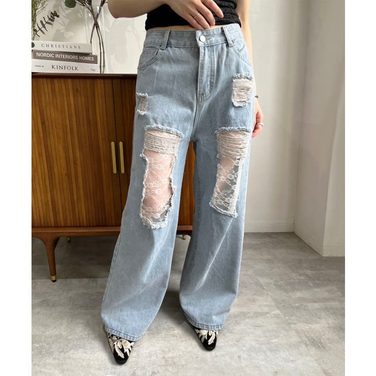 レースカバードダメージワイドデニムパンツ | Jewelobe | 詳細画像2 