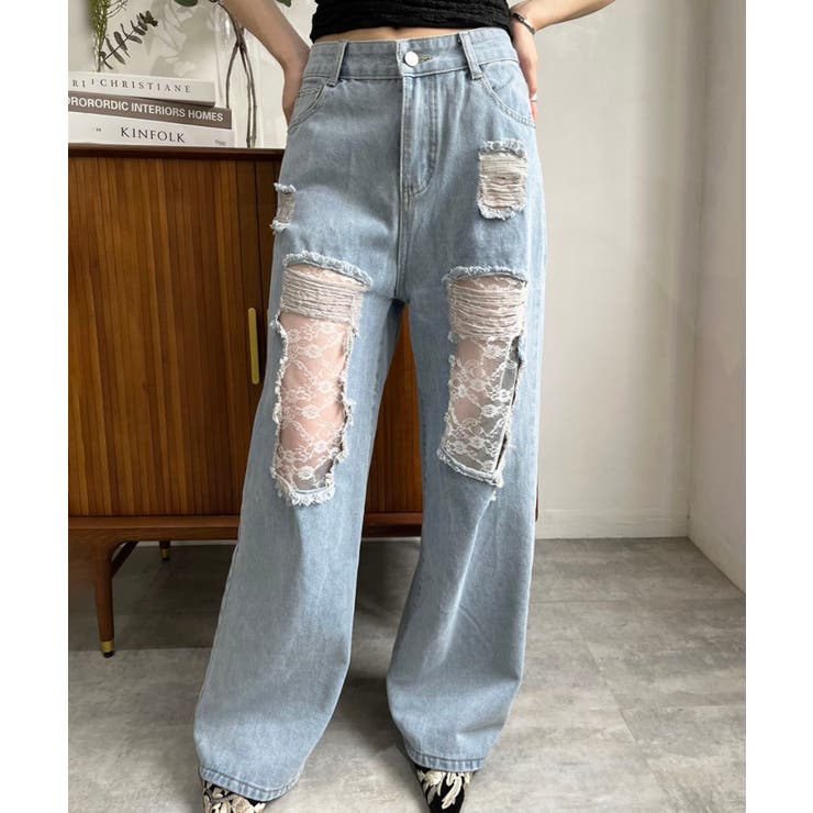 レースカバードダメージワイドデニムパンツ | Jewelobe | 詳細画像3 