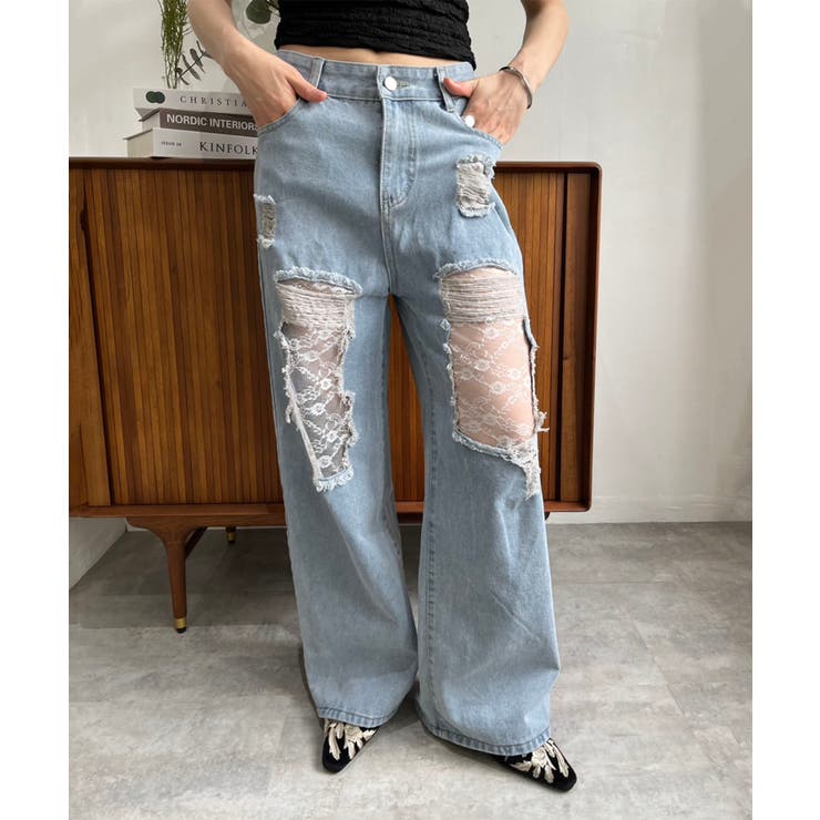 レースカバードダメージワイドデニムパンツ | Jewelobe | 詳細画像4 