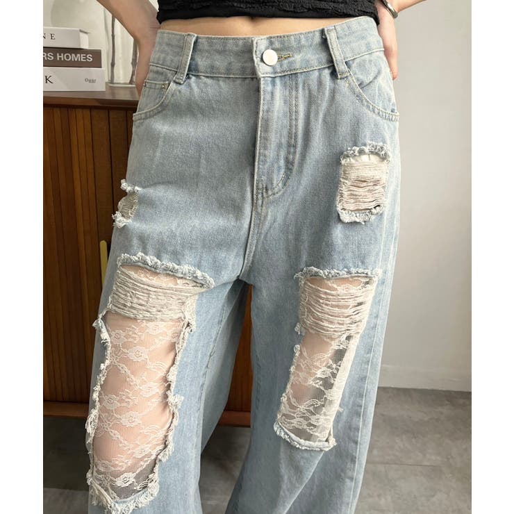 レースカバードダメージワイドデニムパンツ | Jewelobe | 詳細画像6 
