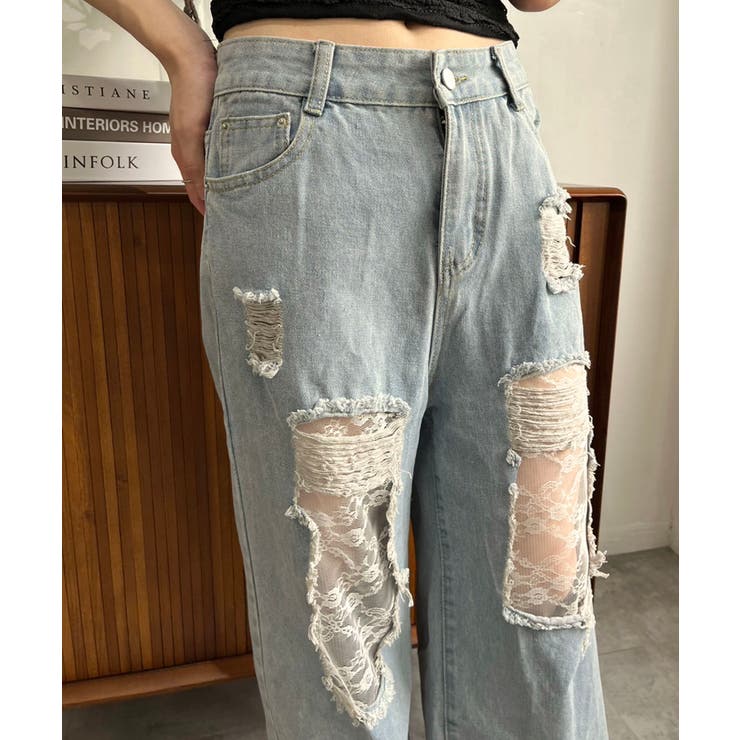 レースカバードダメージワイドデニムパンツ | Jewelobe | 詳細画像7 