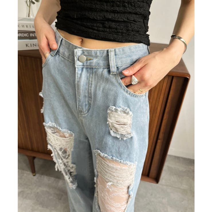 レースカバードダメージワイドデニムパンツ | Jewelobe | 詳細画像8 