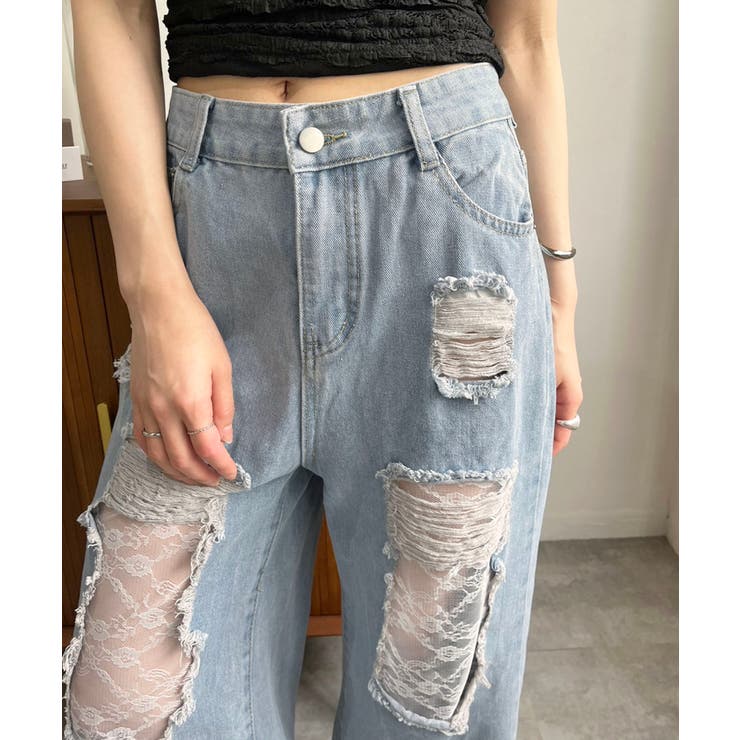 レースカバードダメージワイドデニムパンツ | Jewelobe | 詳細画像9 
