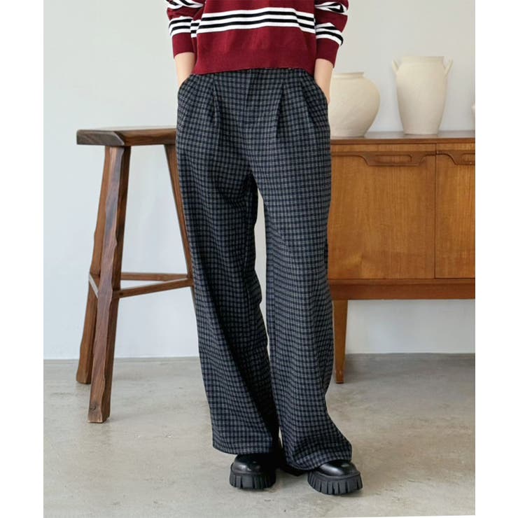 ネイビー | ウールタッチオーバーチェックワイドパンツ | Jewelobe