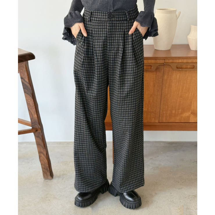 ブラック | ウールタッチオーバーチェックワイドパンツ | Jewelobe