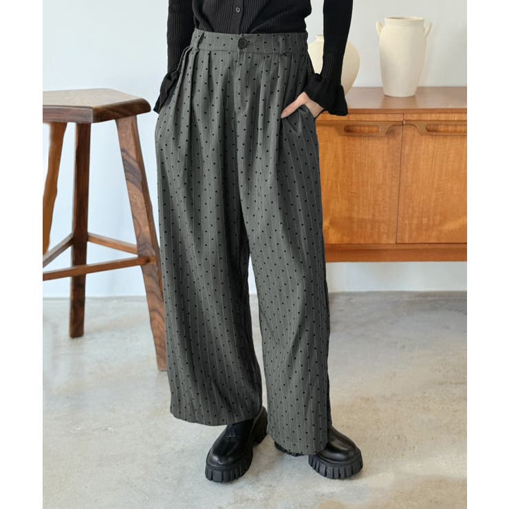 グレー | ストライプ×フロッキーハートワイドパンツ | Jewelobe