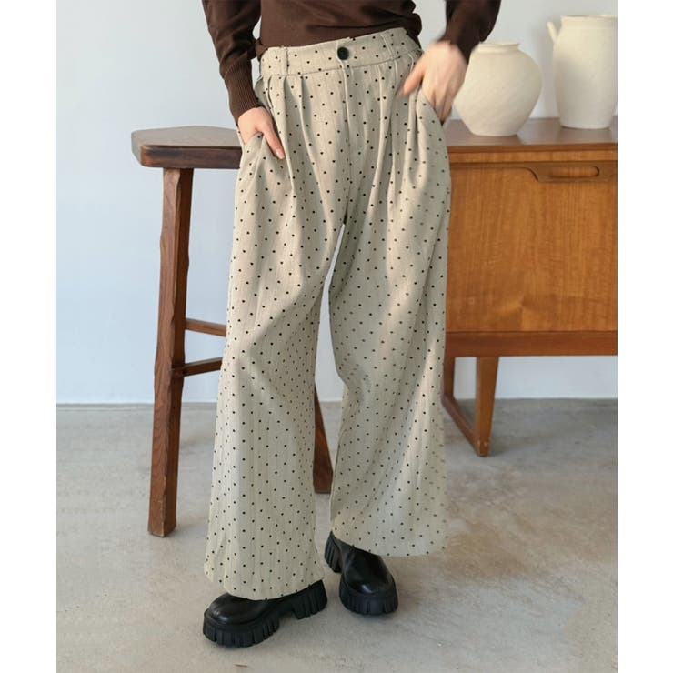 ベージュ | ストライプ×フロッキーハートワイドパンツ | Jewelobe