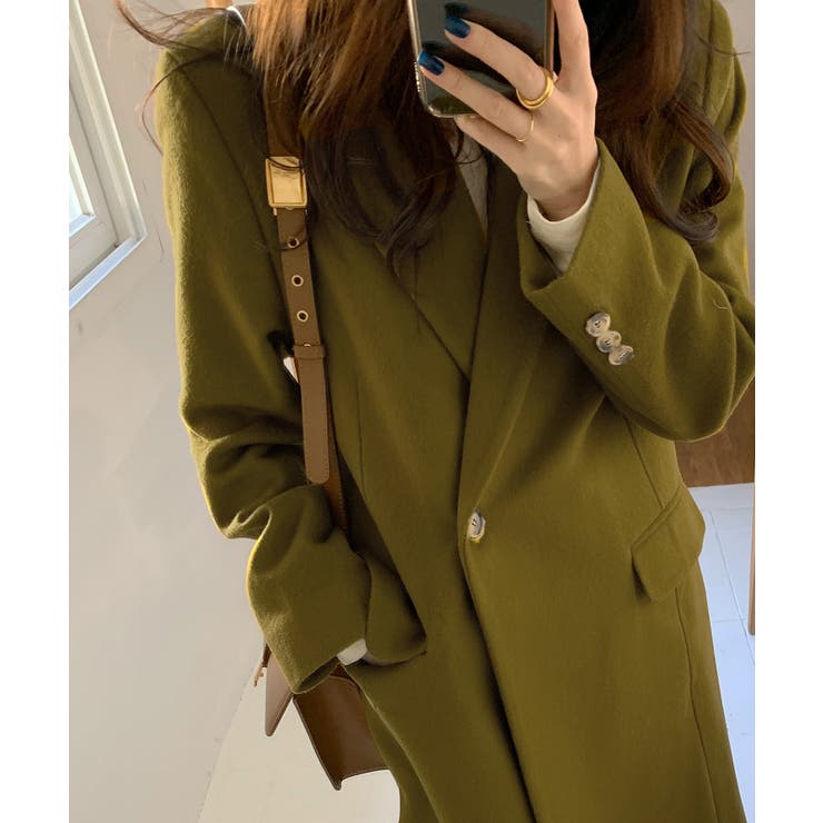 カーキ | ピークドラペルアシンメトリーコート | Jewelobe