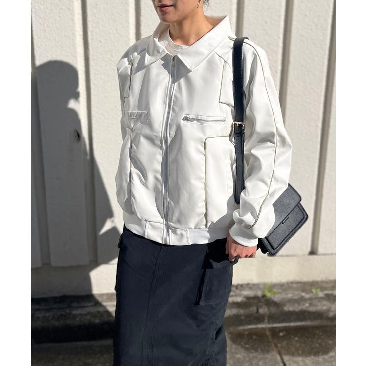 配色パイピングフェイクレザーブルゾン | Jewelobe | 詳細画像3 