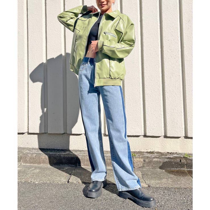 カーキ | 配色パイピングフェイクレザーブルゾン | Jewelobe