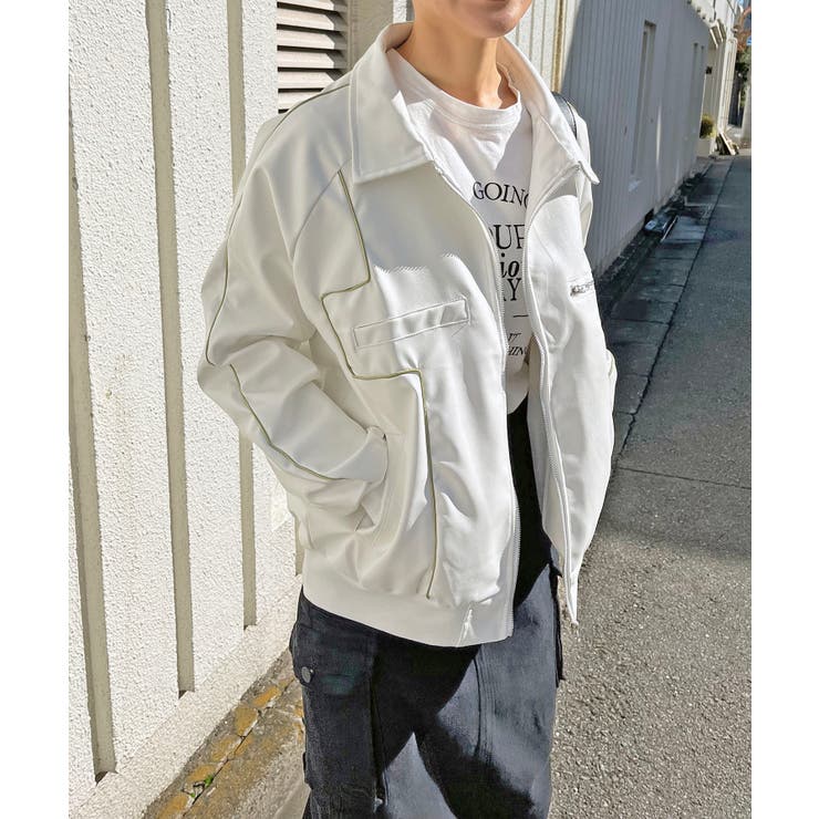 ホワイト | 配色パイピングフェイクレザーブルゾン | Jewelobe