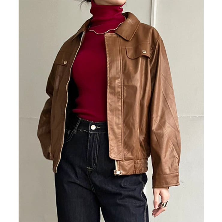 ブラウン | CPOジップアップフェイクレザーブルゾン | Jewelobe