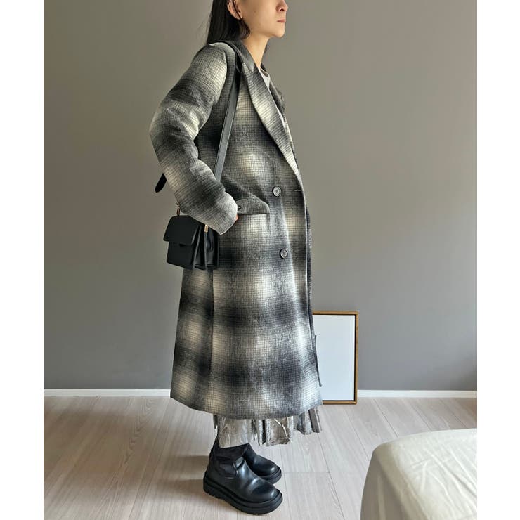 グレー | オンブレチェックチェスターコート | Jewelobe