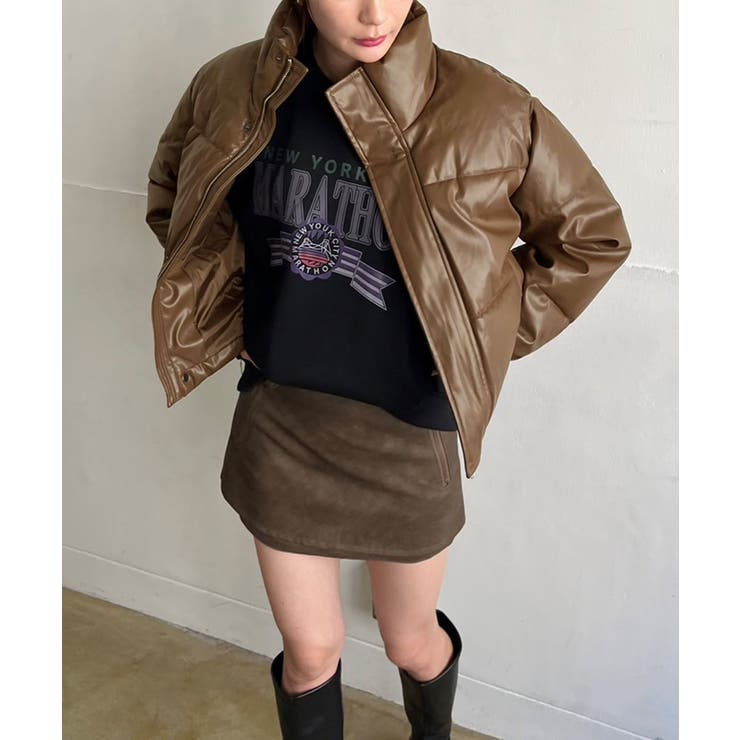 ブラウン | シンセティックレザー中綿ブルゾン | Jewelobe