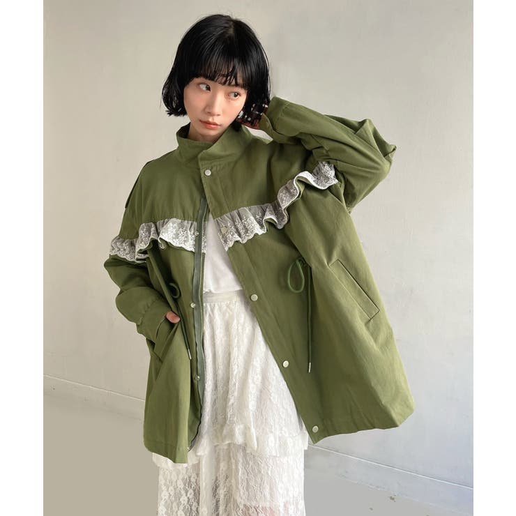 カーキ | レースフリルルーズモッズブルゾン | Jewelobe