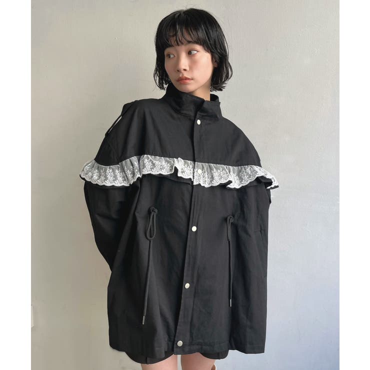 ブラック | レースフリルルーズモッズブルゾン | Jewelobe