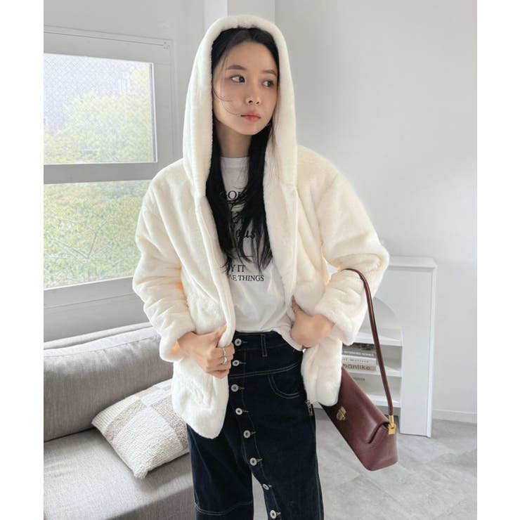 オフホワイト | フェイクファーフーディーブルゾン | Jewelobe