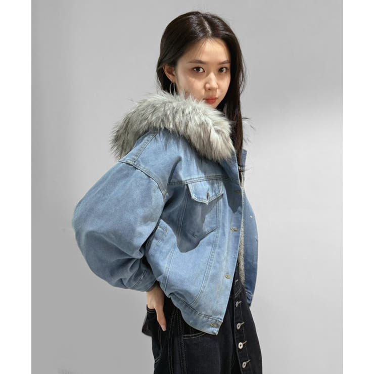 グレー | 【ファー取り外し可】インナーボアデニムショートブルゾン | Jewelobe