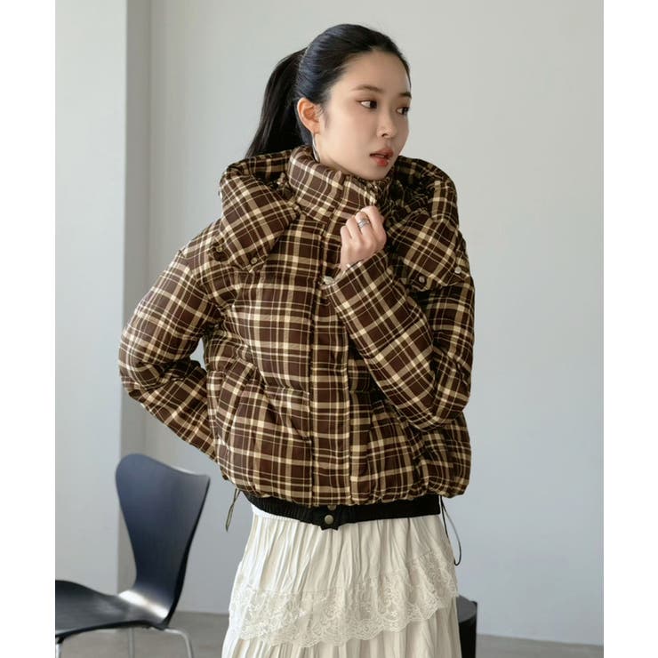 ブラウン | スタンドフーディーチェックパファーブルゾン | Jewelobe