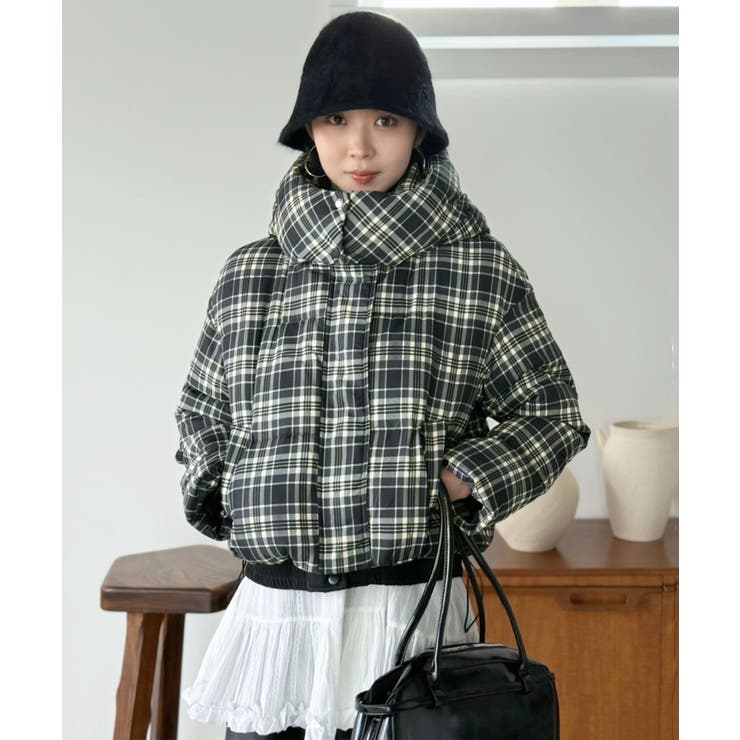 ネイビー | スタンドフーディーチェックパファーブルゾン | Jewelobe