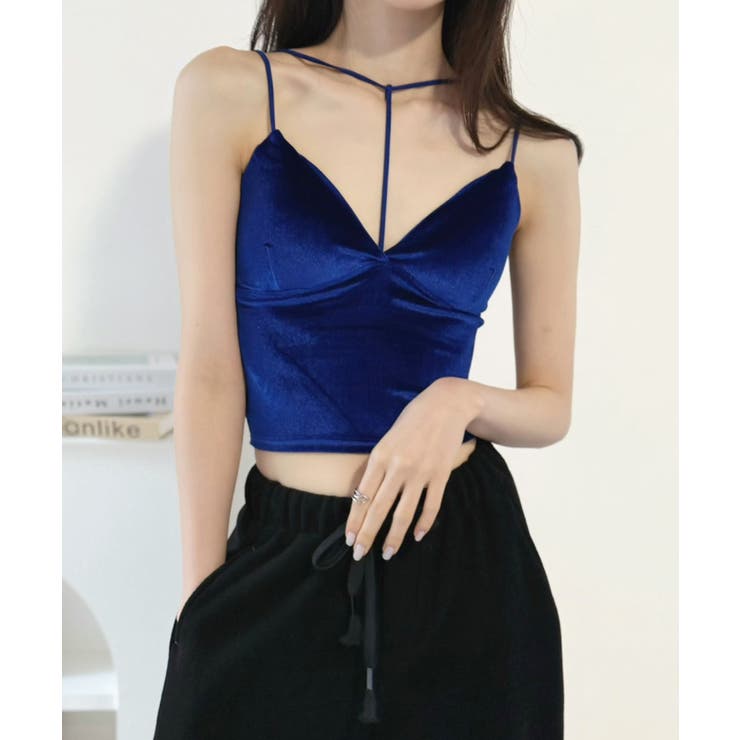 ブルー | Tストラップカットベロアブラキャミソール | Jewelobe