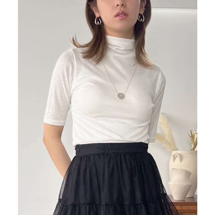 ホワイト | タートルネックハーフスリーブトップス | Jewelobe