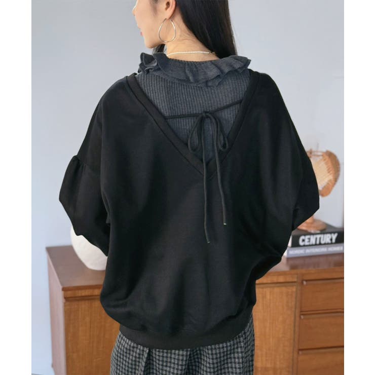 ブラック | バックディープVネックボリュームウラゲプルオーバー | Jewelobe