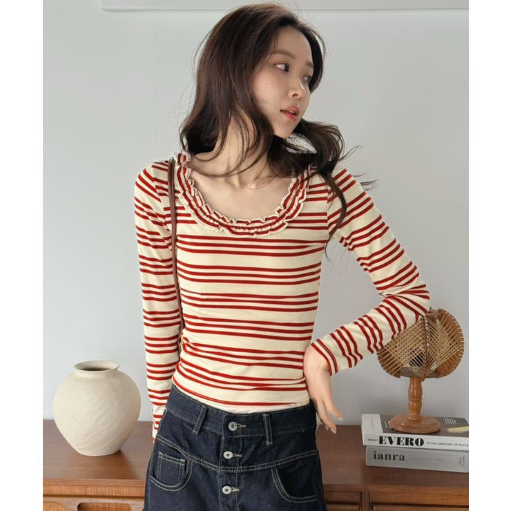 レッド | バックストラップボーダータイトカットソー | Jewelobe