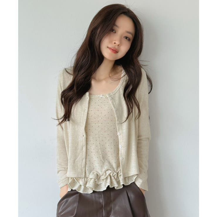 アイボリー | ショートカーディガン×ドットフリルキャミソールアンサンブル | Jewelobe
