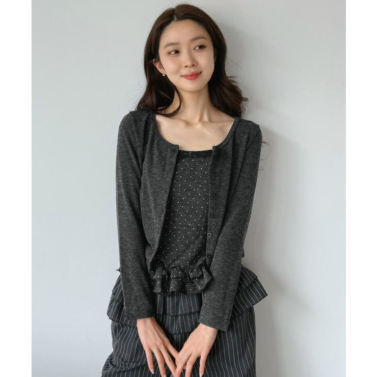 ブラック | ショートカーディガン×ドットフリルキャミソールアンサンブル | Jewelobe