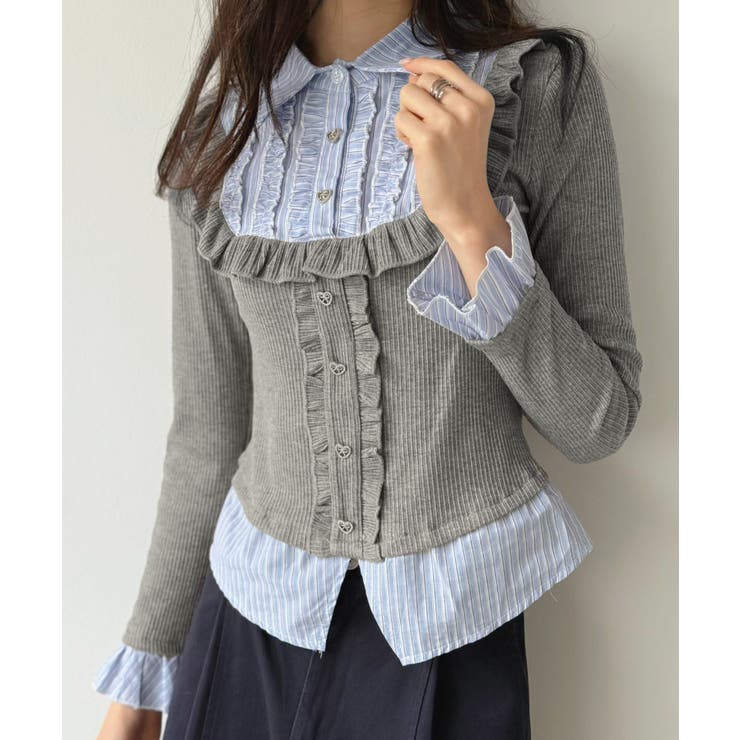 グレー | ストライプシャツドッキングカットトップス | Jewelobe