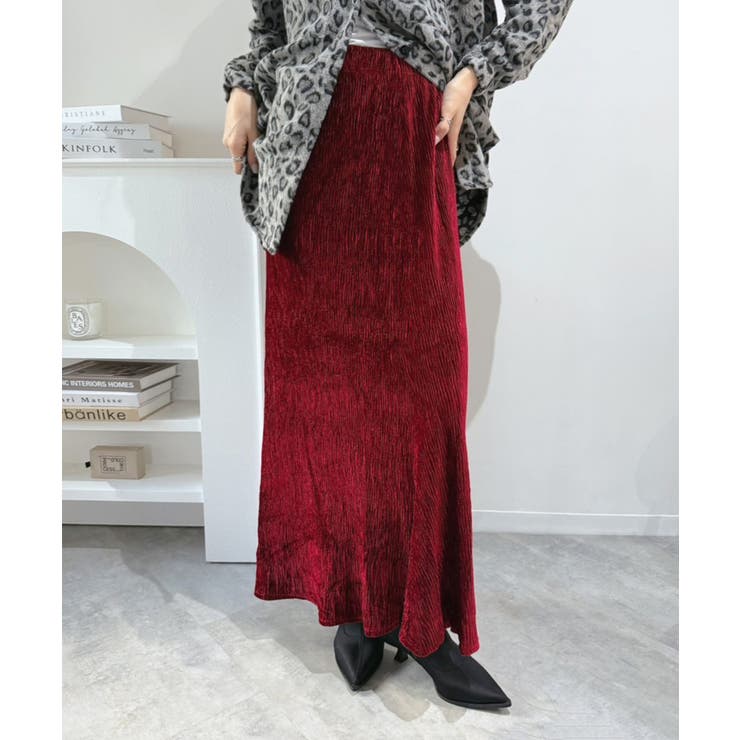 レッド | リンクルベロアマキシセミマーメイドスカート | Jewelobe