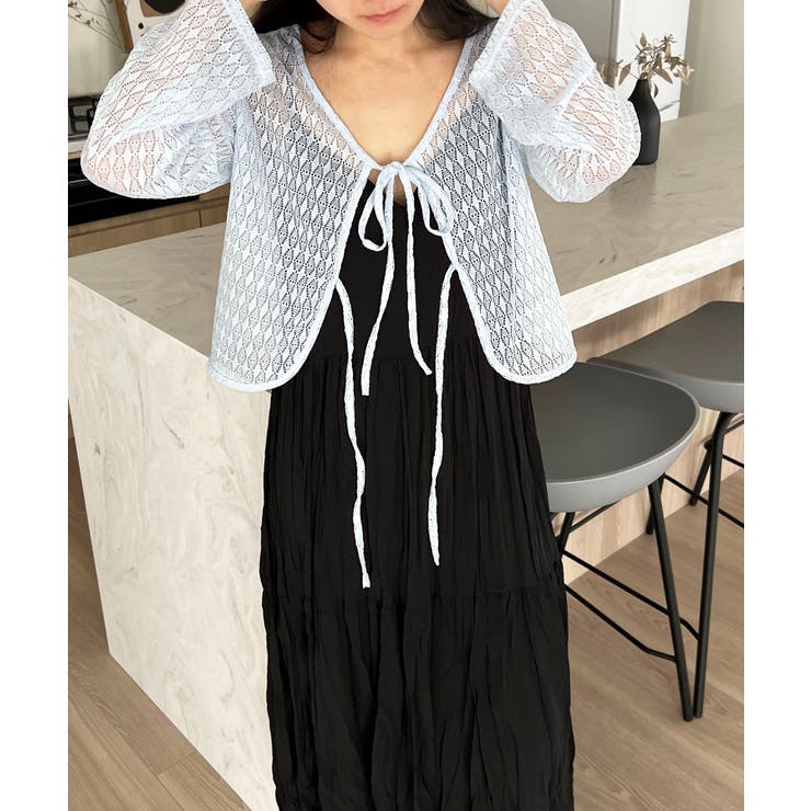 ブルー | ダブルリボン透かし編みショートカーディガン | Jewelobe