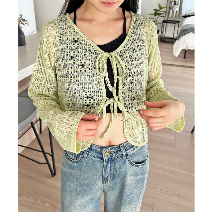 グリーン | ダブルリボン透かし編みショートカーディガン | Jewelobe