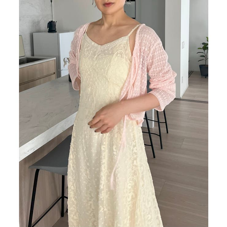 ピンク | ダブルリボン透かし編みショートカーディガン | Jewelobe