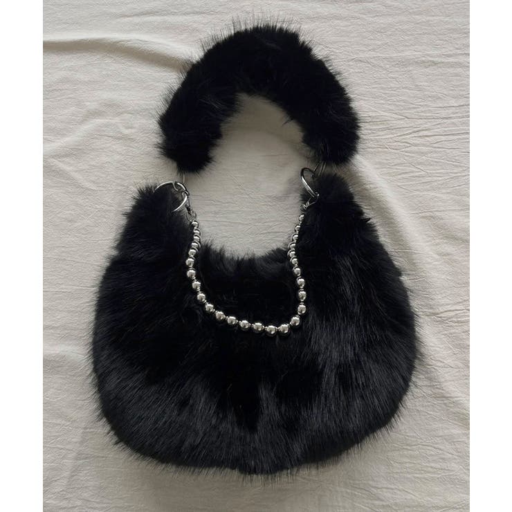 ブラック | ダブルストラップラウンドフェイクファーバッグ | Jewelobe