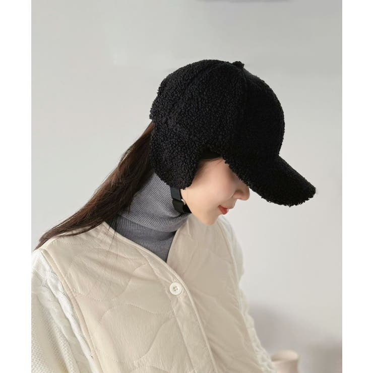 ブラック | イヤーマフ付きボアキャップ | Jewelobe