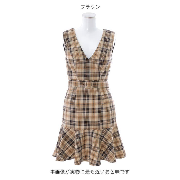 チェックAラインミニドレス マーメイド 共布ベルト[品番
