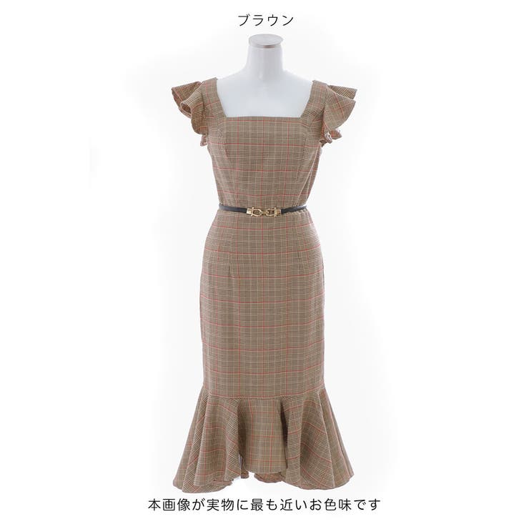 チェック柄マーメイドドレス ショートスリーブ フリル袖[品番
