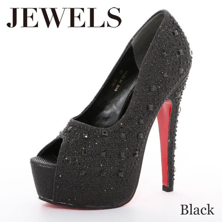 ブラック | 豪華に煌めくストーンの人気パンプス♪ 14cmヒールオープントゥパンプス | DressShop JEWELS