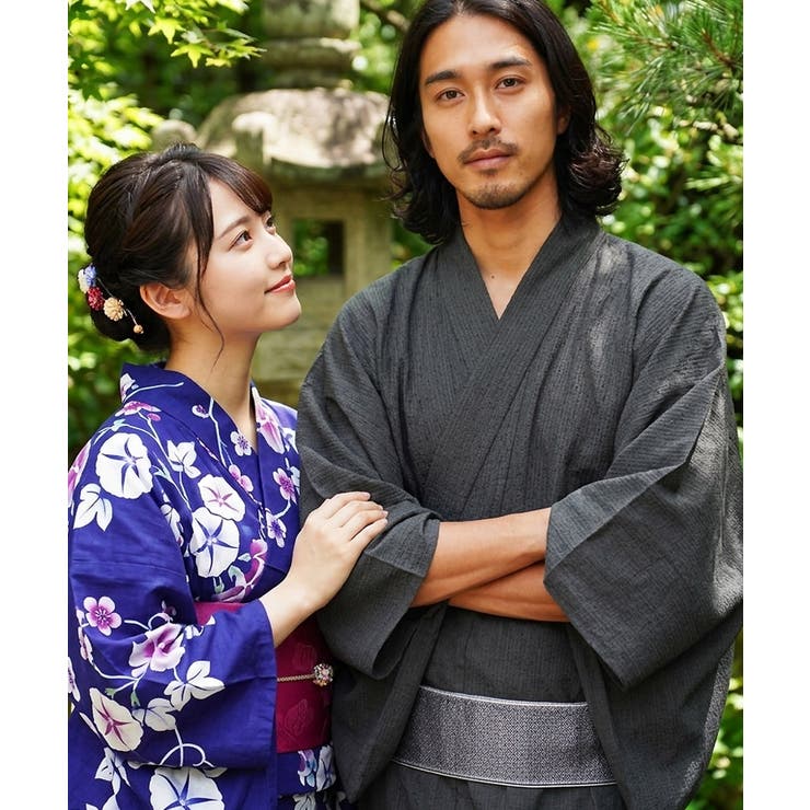 浴衣 メンズ 6点セット ワンタッチ帯 腰帯 下駄 扇子 信玄袋[品番
