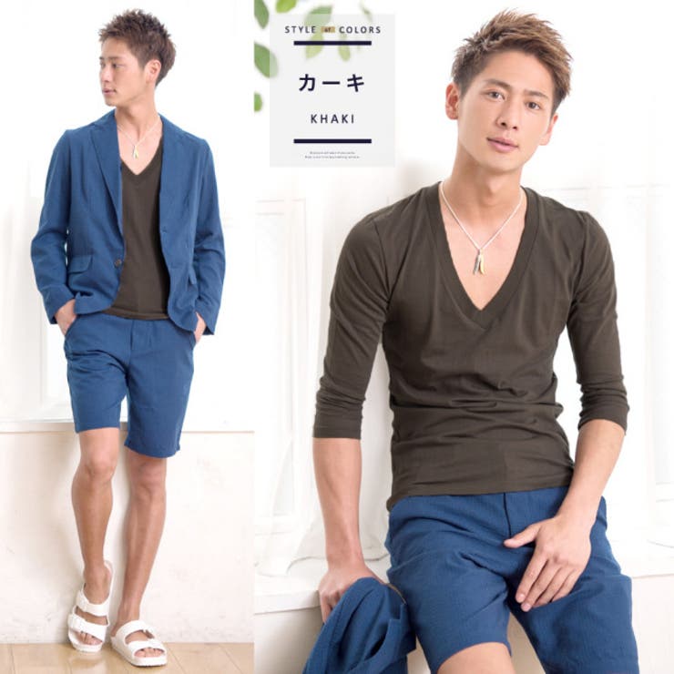 ◇Roshell(ロシェル) コットンディープVネック7分袖Tシャツ◇お兄系 M