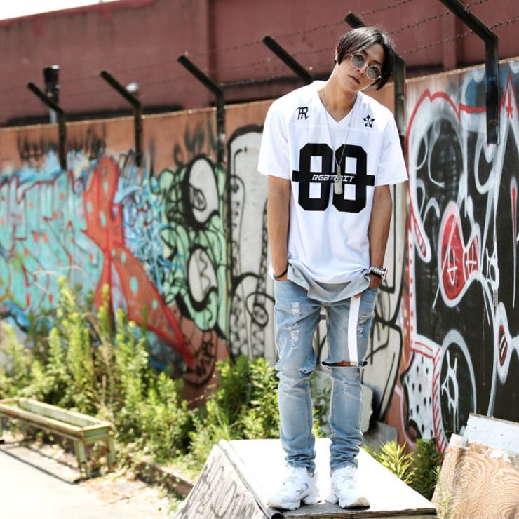 ◇REBTRAIT ロゴラインナンバープリントゲームシャツ◇Tシャツ Vネック